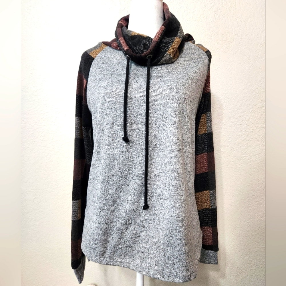 Cozy Gray Cowl Neck Sweater with Striped Sleeves